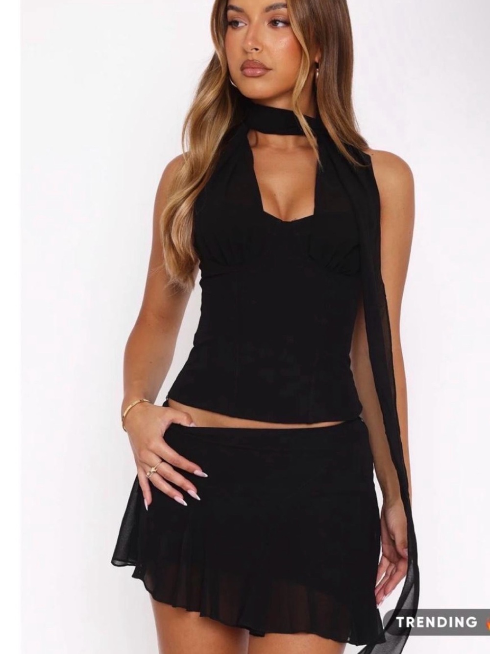 White Fox Boutique Black Halter Crop Top with Scarf Detail